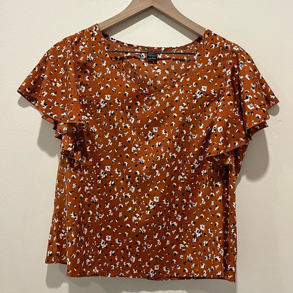 Shein Short Flowy Sleeve Copper Brown Floral Blouse Top - Women’s Size Small